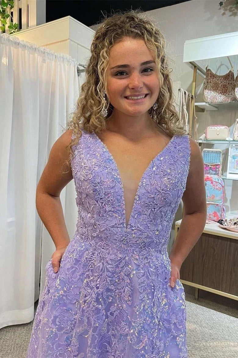 A-Line Floral Lace Deep V Neck Prom Dress